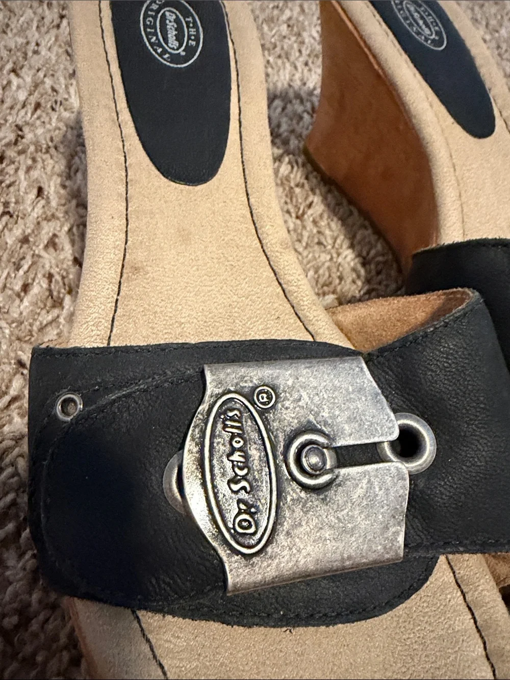 Black Leather Wedge Slide Sandals with Silver Accent DR SCHOLLS